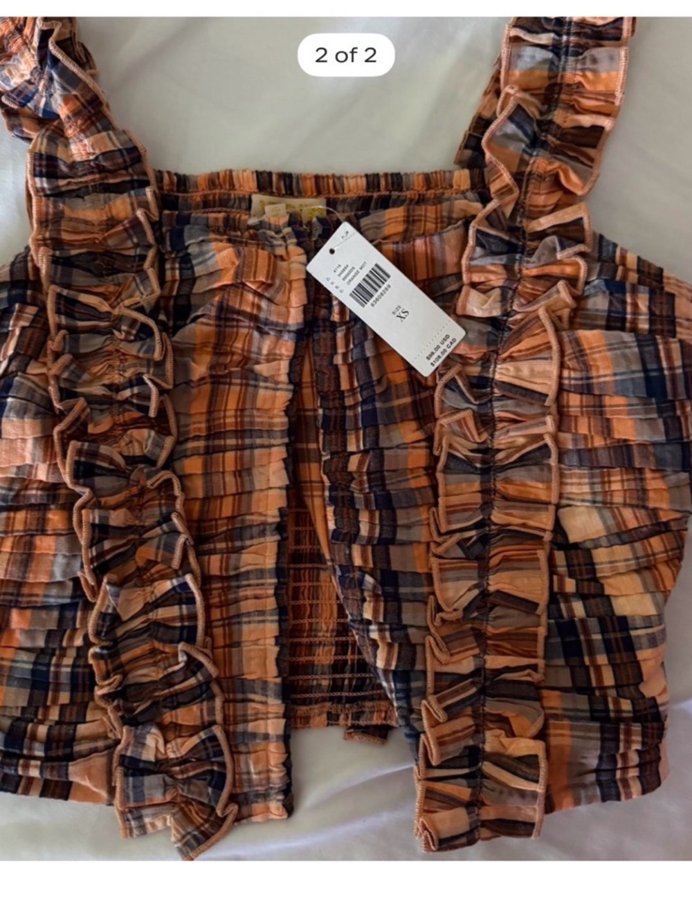 Anthropologie Orange and Navy Plaid Ruffled Crop Top